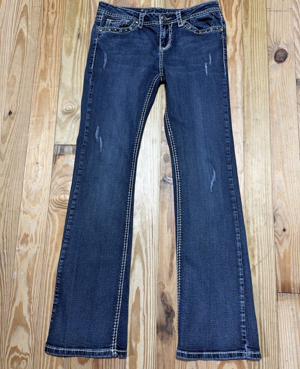 LA IDOL USA Bootcut Jeans Blue Thick Stitch Flap Rhinestone Stretch 9/ 31x32